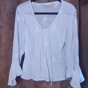 Cream Ruffled Tie Front Blouse‎ with Bishop Sleeves